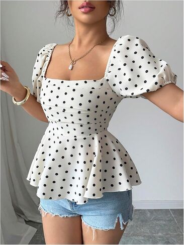 Floerns Women's Elegant Polka Dots Top Puff Sleeve Peplum Square Neck Ruffle Going Out Tops in Saudi Arabia
