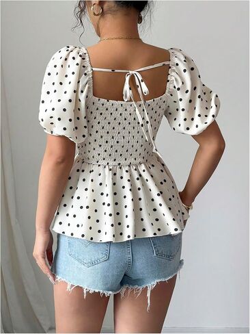 Floerns Women's Elegant Polka Dots Top Puff Sleeve Peplum Square Neck Ruffle Going Out Tops in Saudi Arabia