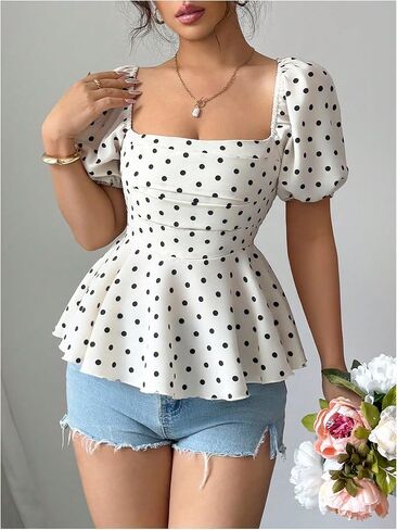 Floerns Women's Elegant Polka Dots Top Puff Sleeve Peplum Square Neck Ruffle Going Out Tops in Saudi Arabia