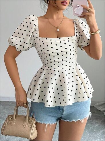 Floerns Women's Elegant Polka Dots Top Puff Sleeve Peplum Square Neck Ruffle Going Out Tops in Saudi Arabia