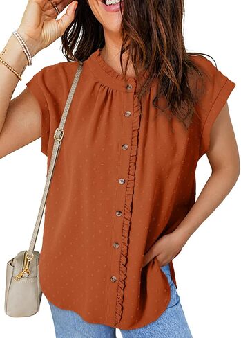 Dokotoo Womens Summer Tops Ruffle Crewneck Short Sleeve Button Down Shirts Boho Chiffon Blouses in Saudi Arabia