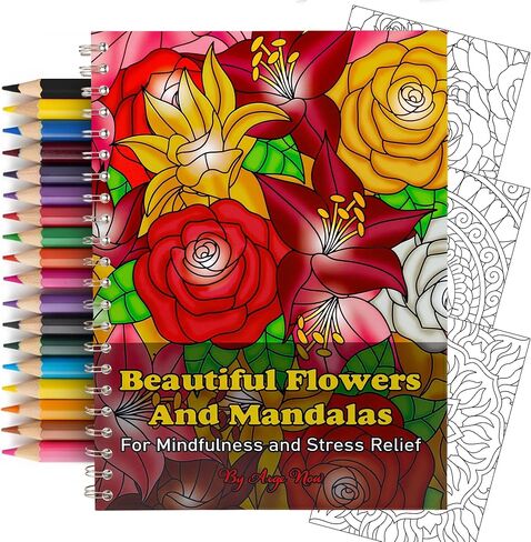 Argo Now Adult Coloring Book Spiral Bound - 40 Single Sided Drawings of Beautiful Flowers & Mandalas, with 36 Fiber Markers. A Perfect Stress Relief Coloring Book and Relaxation Gifts for Women. in Saudi Arabia