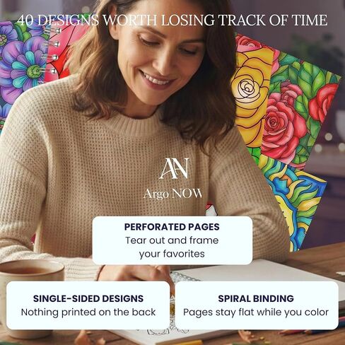 Argo Now Adult Coloring Book Spiral Bound - 40 Single Sided Drawings of Beautiful Flowers & Mandalas, with 36 Fiber Markers. A Perfect Stress Relief Coloring Book and Relaxation Gifts for Women. in Saudi Arabia
