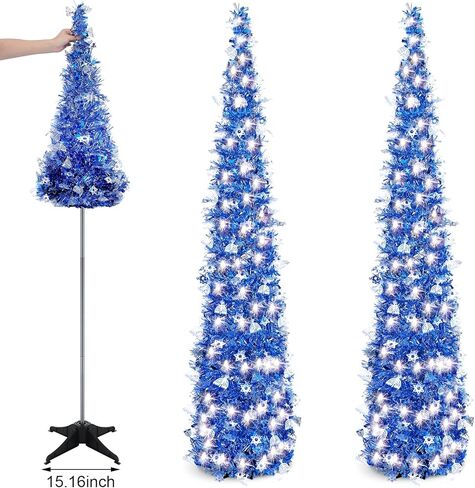 Sosation 2 Pcs 5 ft LED Hanukkah Tinsel Trees Blue Chanukah Pop up Pencil Trees with String Lights Artificial Collapsible for Party Fireplace Home Decorations(Hanukkah Blue) in Saudi Arabia