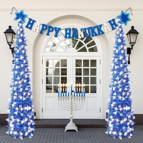 Sosation 2 Pcs 5 ft LED Hanukkah Tinsel Trees Blue Chanukah Pop up Pencil Trees with String Lights Artificial Collapsible for Party Fireplace Home Decorations(Hanukkah Blue) in Saudi Arabia