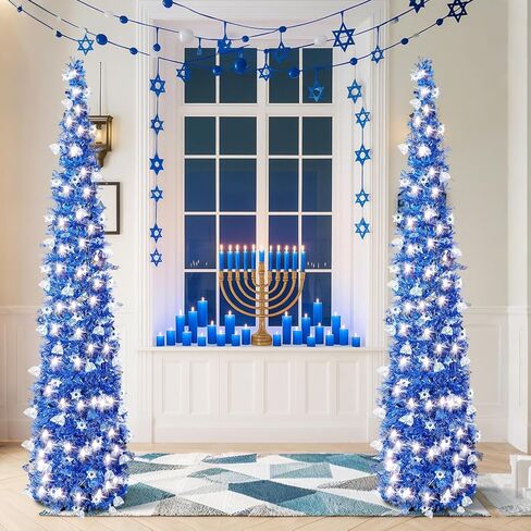 Sosation 2 Pcs 5 ft LED Hanukkah Tinsel Trees Blue Chanukah Pop up Pencil Trees with String Lights Artificial Collapsible for Party Fireplace Home Decorations(Hanukkah Blue) in Saudi Arabia