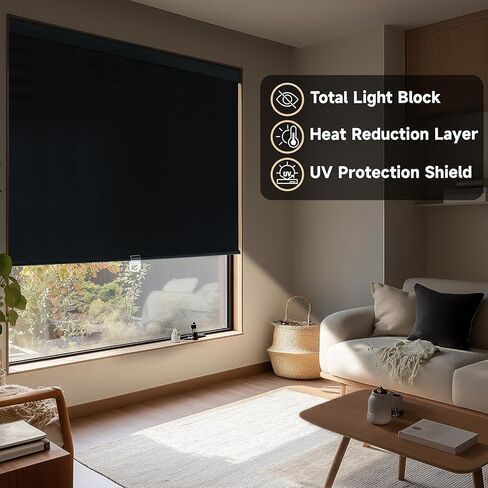 ستائر التعتيم من كولور تري، ظلال دوارة لاسلكية بدون أسلاك معزولة حراريًا، ستائر تعتيم الغرفة سهلة التركيب للمنزل والمكتب وغرفة النوم (أسود، 34 بوصة عرض × 72 بوصة ارتفاع) in Kuwait