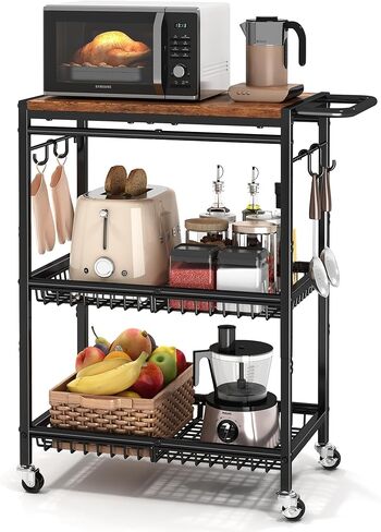 Microwave Kitchen Cart with Push Handle, 3 Tire Rolling Cart with 210Lbs Capacity, Vintage Kitchen Storage Cart with 2 Lockable Wheels for Kitchen, Restaurant, Living Room, Office, Balcony in Saudi Arabia
