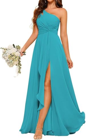 Chiffon One Shoulder Bridesmaid Dress with Pleated Bodice Long A Line Prom Dress for Women in Saudi Arabia