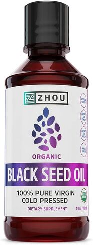 Zhou Organic Black Seed Oil - Black Cumin Seed Oil Cold Pressed, Nigella Sativa, Pure Unrefined Blackseed Liquid, Premium Supplement for Health with Thymoquinone, Omega 3 6 9 - 8 Fl Oz (Pack of 1) in Saudi Arabia