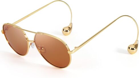 SODQW Trendy Aviator Sunglasses for Women with Earring Gold Metal Frame Fashion Sun Glasses in Saudi Arabia