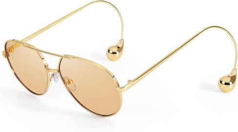 SODQW Trendy Aviator Sunglasses for Women with Earring Gold Metal Frame Fashion Sun Glasses in Saudi Arabia