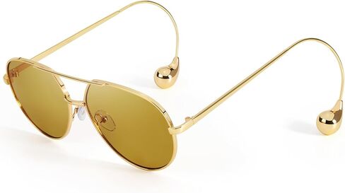 SODQW Trendy Aviator Sunglasses for Women with Earring Gold Metal Frame Fashion Sun Glasses in Saudi Arabia