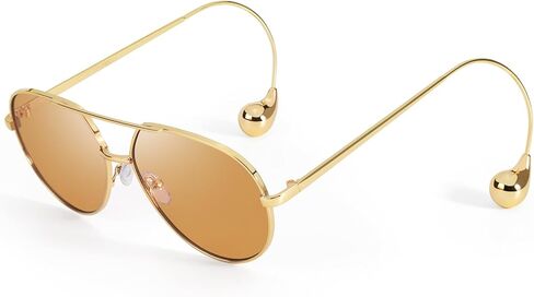 SODQW Trendy Aviator Sunglasses for Women with Earring Gold Metal Frame Fashion Sun Glasses in Saudi Arabia