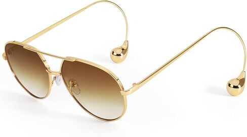 SODQW Trendy Aviator Sunglasses for Women with Earring Gold Metal Frame Fashion Sun Glasses in Saudi Arabia