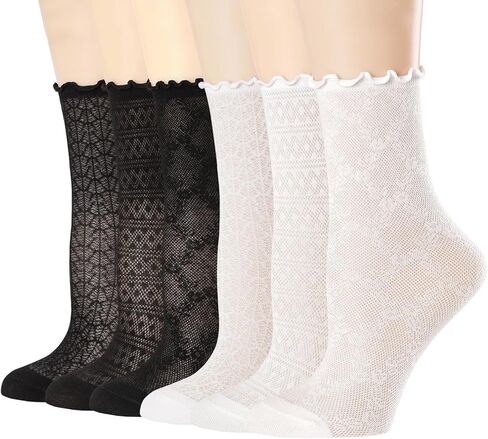 Mcool Mary Gocks Gocks Mesh Casual Lace Crow Crew Summer Ultra White White Frilly Coleds for Women 6 Pairs in Kuwait