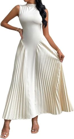 METOES Womens 2024 Casual Summer Plain Long Dresses Sleeveless Women Elegant Pleated Tight-Fitting A-Line Dress in Saudi Arabia
