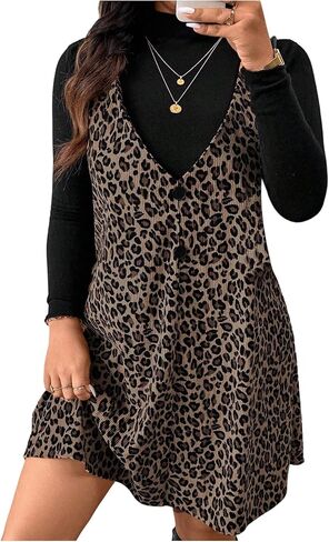 SOLY HUX Women's Plus Size Dress Set Leopard Print Overall Short Dress with Long Sleeve Fitted T Shirts Fall Outfits in Saudi Arabia