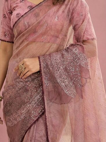 Women's Pure Tissue Cotton Sequence Embroidery Saree With Unstitched Blouse Piece in Saudi Arabia