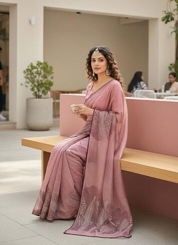 Women's Pure Tissue Cotton Sequence Embroidery Saree With Unstitched Blouse Piece in Saudi Arabia