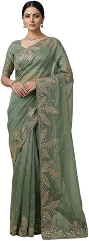 Women's Pure Tissue Cotton Sequence Embroidery Saree With Unstitched Blouse Piece in Saudi Arabia