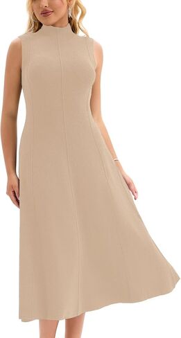 Froggirl Women's Sleeveless Turtle Neck Midi Dress Elegant A-Line Fit Stretchable Ribbed Sweater Dress for Fall Winter 2025 in Saudi Arabia