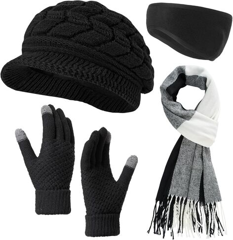 طقم شتوي دافئ للنساء مكون من 4 قطع، قبعة صغيرة متماسكة مع حافة، قفازات شاشة تعمل باللمس، وشاح طويل منقوش ومدفأة للأذن in Saudi Arabia