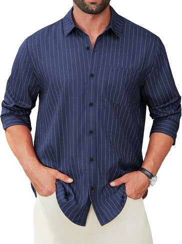 Hardaddy Men's Casual Striped Shirts Button Down Long Sleeve Blouse for Men Fall Winter in Saudi Arabia