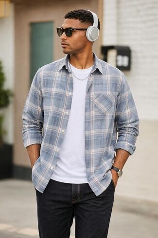 NUOREEL Men's Regular Fit Long Sleeve Plaid Flannel Shirt, Button Down Shirts Casual Shirts in Saudi Arabia