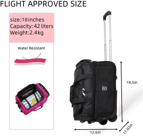 U.S.A. 19 inch Carry On Scalable Wheeled Rolling Duffel Bag Water Resistant Luggage Lightweight Travel Suitcase with Retractable Handle (Black) in Saudi Arabia