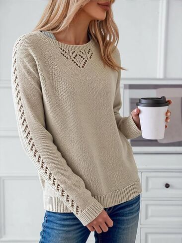 Women Knit Pullover Crewneck Long Sleeve Sweater, Soft Touch Casual Sweater with Hollow Knit Detail for Home Travel in Saudi Arabia