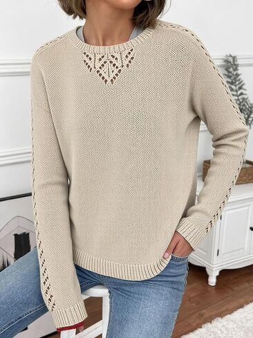 Women Knit Pullover Crewneck Long Sleeve Sweater, Soft Touch Casual Sweater with Hollow Knit Detail for Home Travel in Saudi Arabia