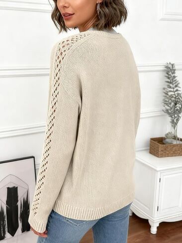 Women Knit Pullover Crewneck Long Sleeve Sweater, Soft Touch Casual Sweater with Hollow Knit Detail for Home Travel in Saudi Arabia
