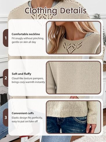 Women Knit Pullover Crewneck Long Sleeve Sweater, Soft Touch Casual Sweater with Hollow Knit Detail for Home Travel in Saudi Arabia