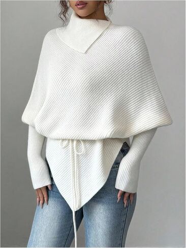Milumia Women's Asymmetrical Mock Turtleneck Poncho Sweater Dolman Long Sleeve Tie Waist Knit Pullover Tops in Saudi Arabia