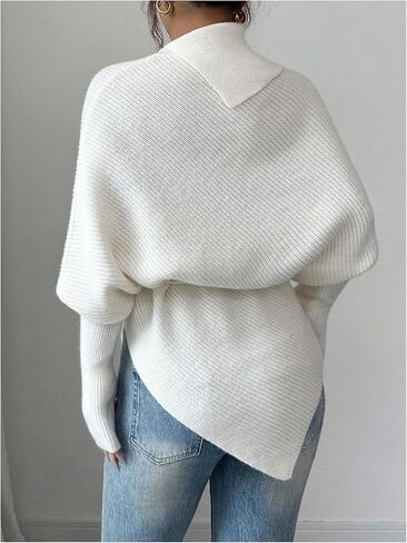 Milumia Women's Asymmetrical Mock Turtleneck Poncho Sweater Dolman Long Sleeve Tie Waist Knit Pullover Tops in Saudi Arabia