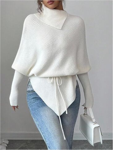 Milumia Women's Asymmetrical Mock Turtleneck Poncho Sweater Dolman Long Sleeve Tie Waist Knit Pullover Tops in Saudi Arabia