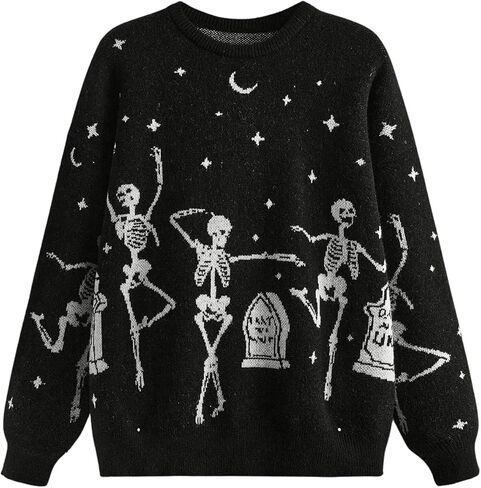 WDIRARA Women's Gothic Skull Pattern Sweater Crew Neck Long Sleeve Pullover Knitted Top in Saudi Arabia