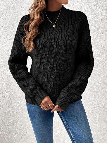سترة نسائية أنيقة بأكمام طويلة متماسكة من Mockneck سترة خريف 2025 كبيرة الحجم بأصفاد مضلعة مكتنزة بلوفر منسوج in Kuwait