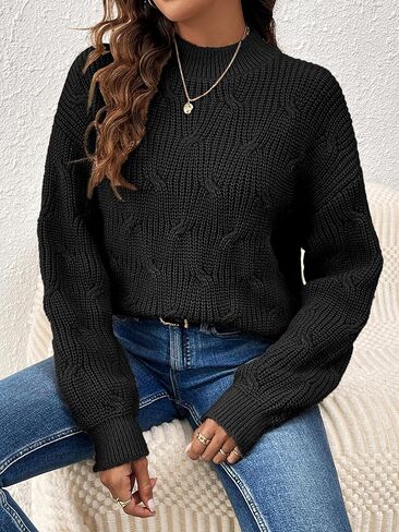 سترة نسائية أنيقة بأكمام طويلة متماسكة من Mockneck سترة خريف 2025 كبيرة الحجم بأصفاد مضلعة مكتنزة بلوفر منسوج in Kuwait