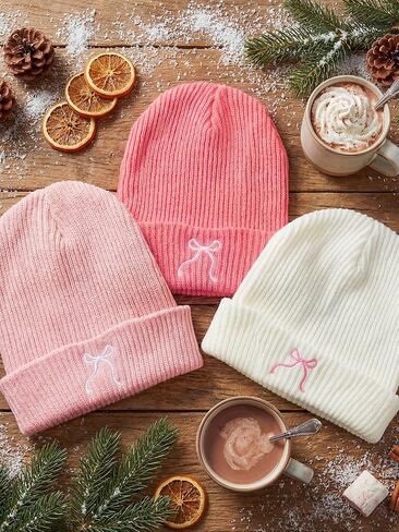 3 Pcs Pink Bow Beanie Hats for Women Winter Coquette Aesthetic Gifts Embroidery Cute Beanie Bulk Y2k Accessories in Saudi Arabia