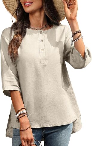 Women's Pure Linen Henley Shirts Crew Neck Casual Blouse in Kuwait