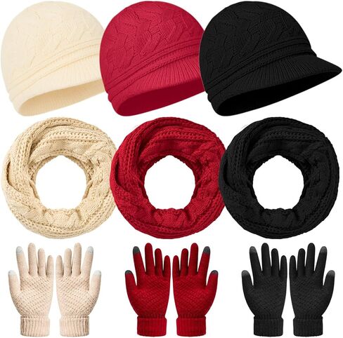 9 Pcs Women Hat Scarf Gloves Winter Set, Warm Knitted Beanie Hat Circle Neck Scarves and Touchscreen Gloves Warmer Winter Set Gifts for Women in Saudi Arabia