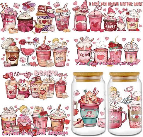 غلاف أكواب DTF للأشعة فوق البنفسجية - 8 ورقات من أغلفة أكواب DTF للأشعة فوق البنفسجية لعيد الحب بسعة 16 أونصة، شارات UVDTF لقهوة التماثيل العتيقة، فرك على ملصقات النقل للأكواب الزجاجية والأكواب المصنوعة يدويًا in Kuwait