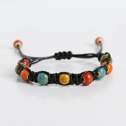 1PC Porcelain Bead Bracelet Adjustable Ancient Style Ceramic Beads for Couples Friends Casual Ethnic Daily Wear, Black in Saudi Arabia