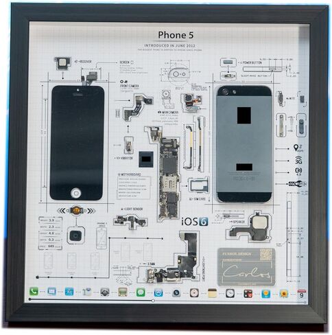 Framed Teardown Art for iPhone 5, Disassembled Phone Wall Art, Tech Display Frame for Office, Bedroom or Game Room, Handmade Retro Gadget Decor, Unique Artwork for Tech Lovers and Collectors in Saudi Arabia