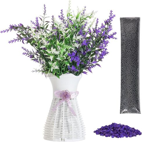 Artificial Lavender Vase Set-Plastic Branches, Plastic Hollow Vase, Nano Mineral Odor Absorber and Lavender Scented Pellets for Indoor Air Refresh Incense, 2 Purple&2 White in Saudi Arabia