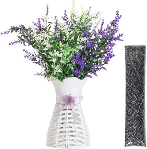 Artificial Lavender Vase Set-Plastic Branches, Plastic Hollow Vase, Nano Mineral Odor Absorber and Lavender Scented Pellets for Indoor Air Refresh Incense, 2 Purple&2 White in Saudi Arabia