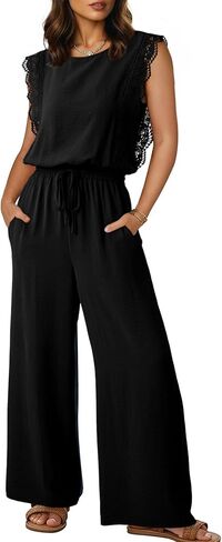 Dokotoo Womens Jumpsuits Crewneck Lace Cap Sleeve Drawstring High Waist Wide Leg Casual Rompers with Pockets in Saudi Arabia