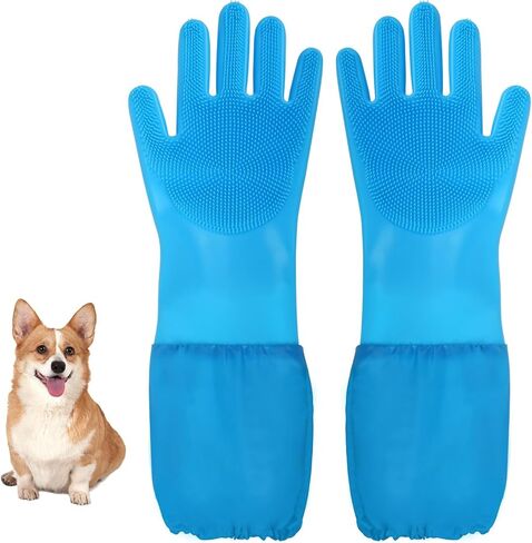 Dog Washing Gloves- Silicone Bathing Gloves for Dogs and Cats - Gloves with Extended Length Enhanced Five Finger Design for Gentle Massaging, Shedding & Cleaning - Comfortable for Pets(Blue) in Kuwait